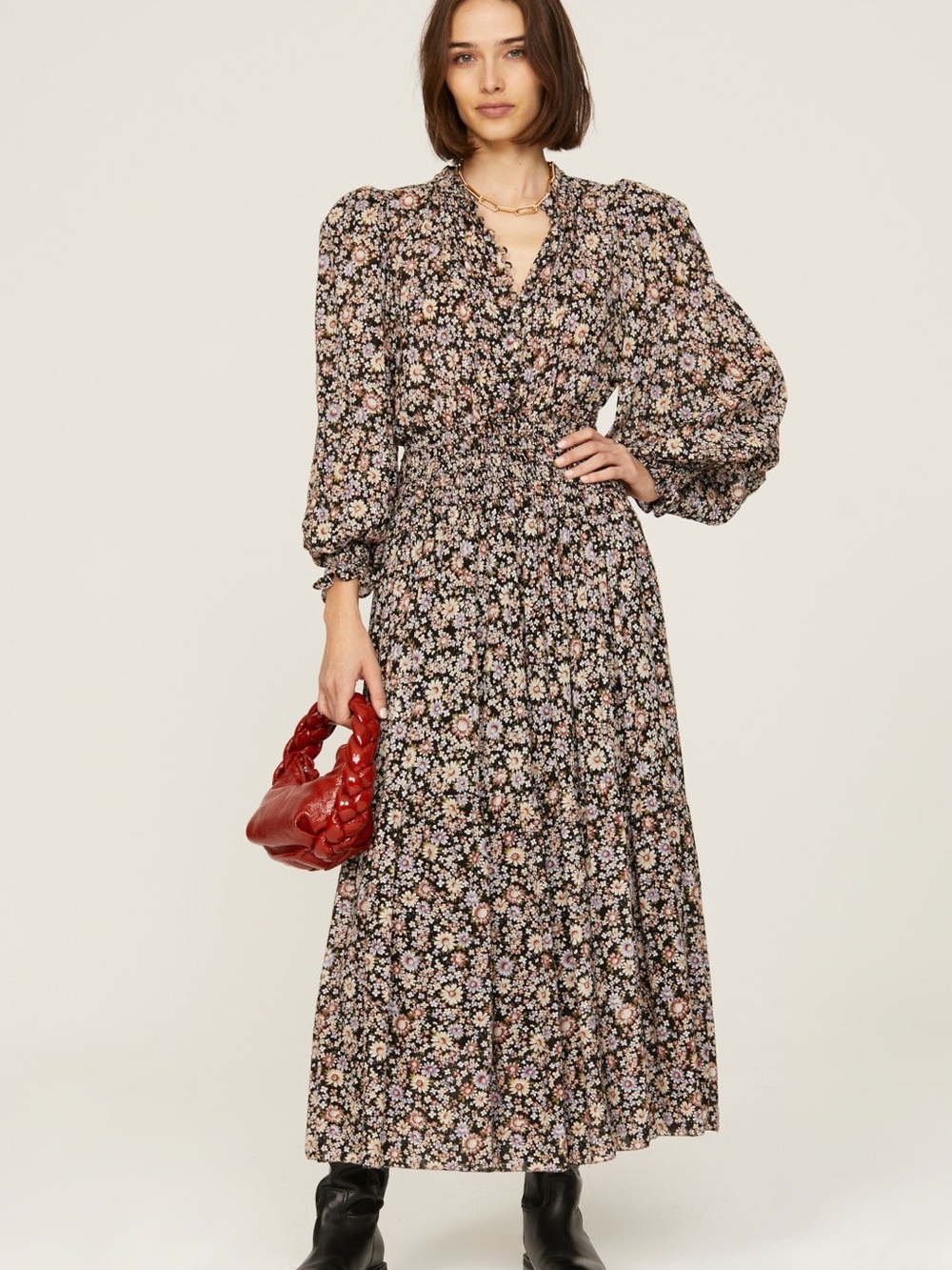 Miss Selfridge Black Floral Smocked Waist Maxi Dress